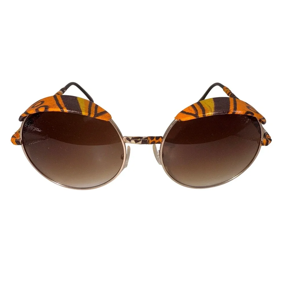 Womens Round Teashades‎ Sunglasses Gold Frame Orange Brown Fabric Accents Unique